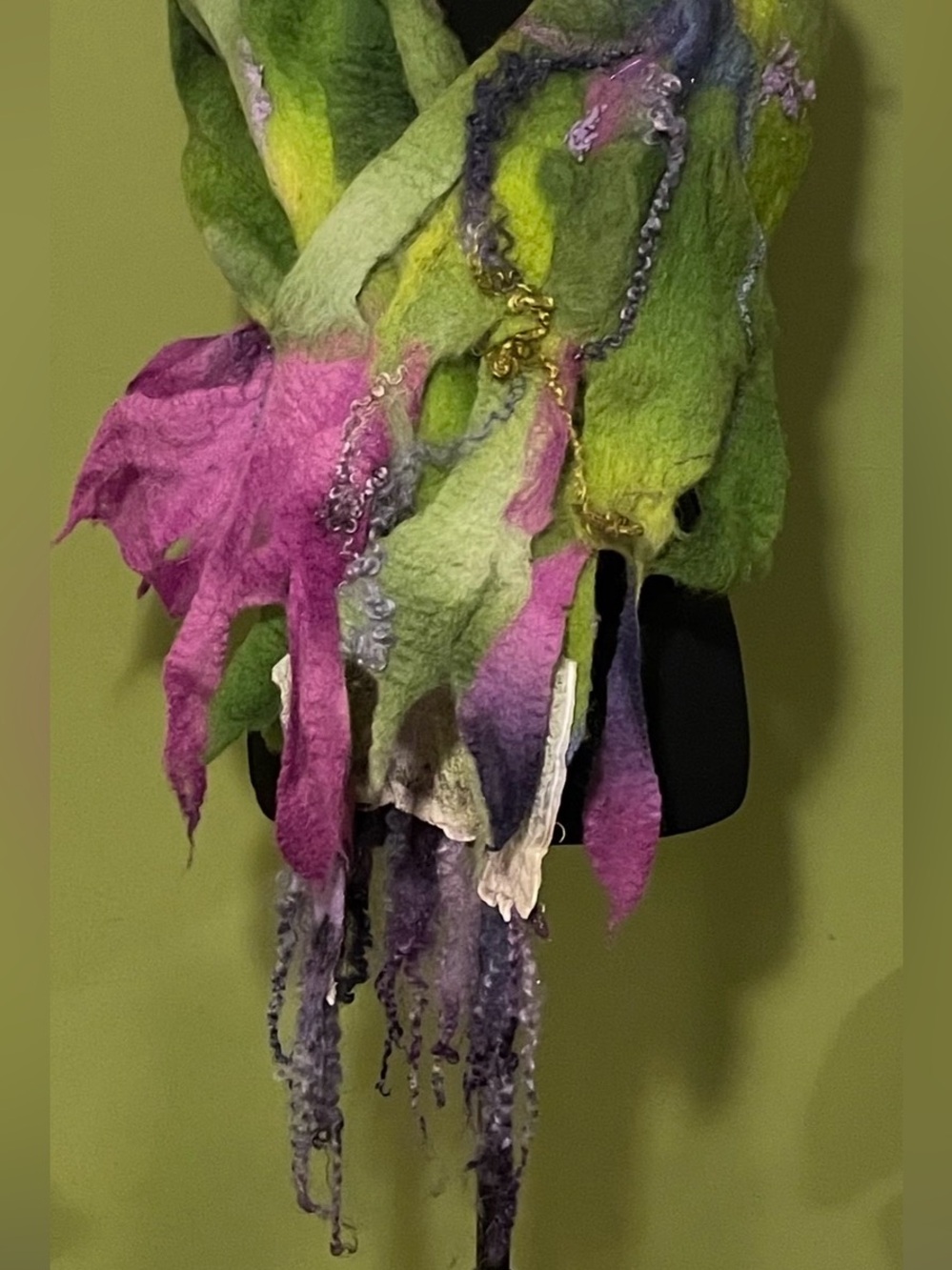 Artisan Handmade Green & Pink Felted Wool Shawl Scarf - Picture 2 of 2